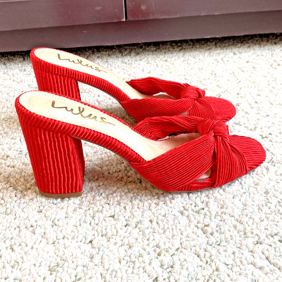 Lulus Red Pleated Satin High Heel Slides Dressy Slip On Sandals 8M Elegant Sexy - Picture 2 of 11